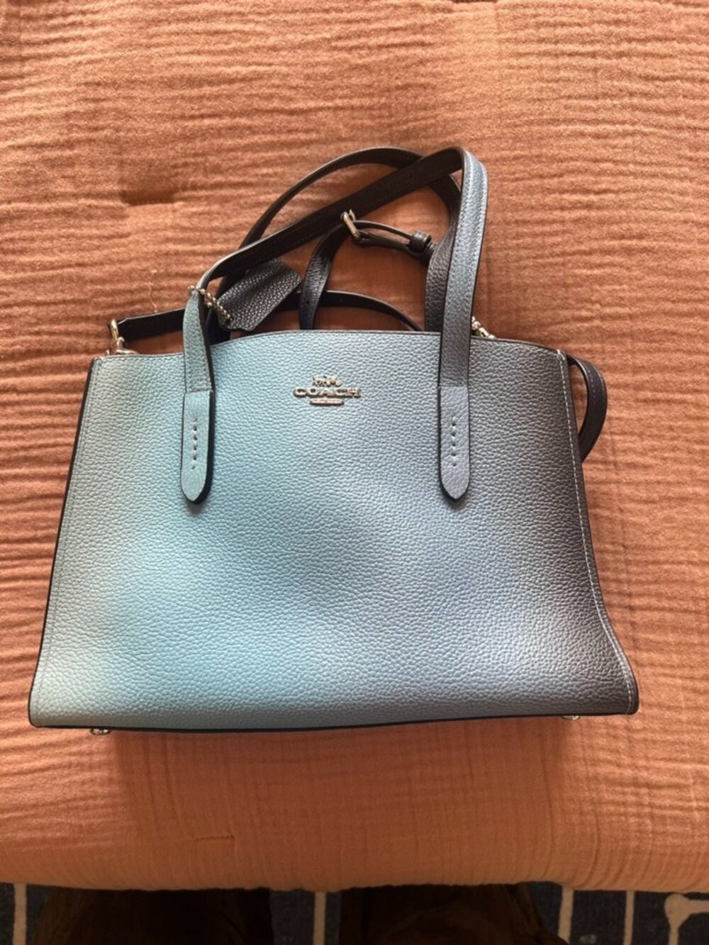 Coach Ombre Pebbled Leather Carryall Satchel Blue Gradient + Dust Bag